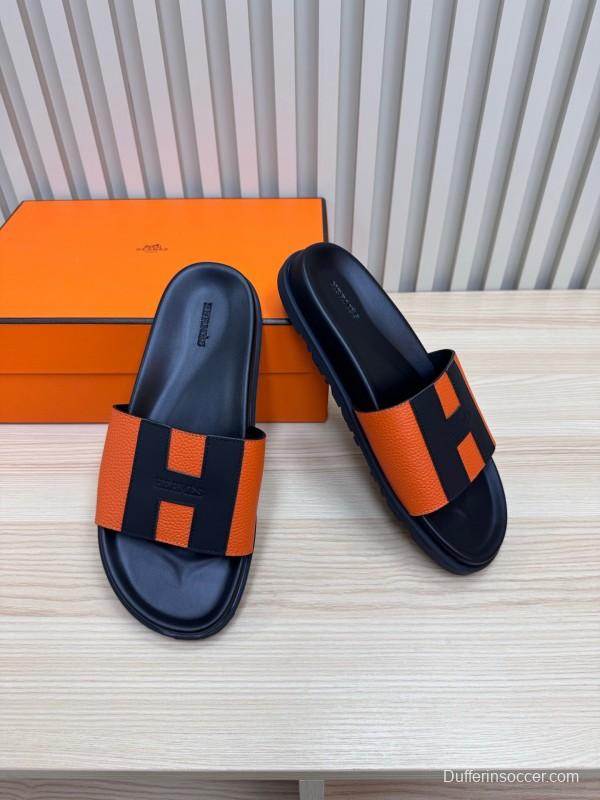 2025 Slippers Hermès Orange Black Leather Slippers