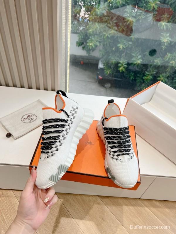 2024 Unisex Hermès White Black Orange Calfskin Suede Knit Sneakers MJ00290