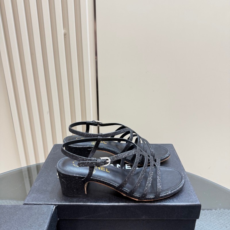 2025 Women Chanel Black Leather Sandals KFY00290