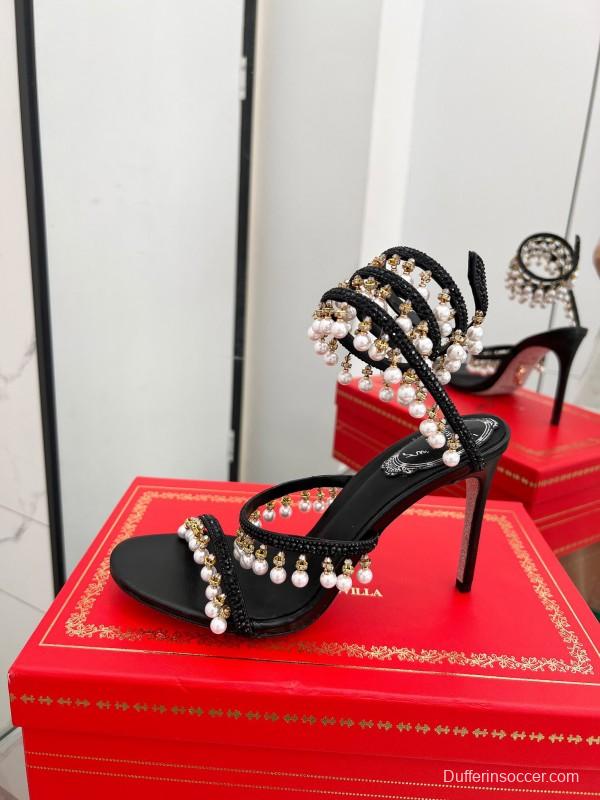 2025 Women RC Black Silk Crystal Pearl High Heel Sandals LY00360