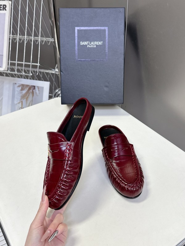 2025 Women Yves Saint Laurent Burgundy Leather Loafers