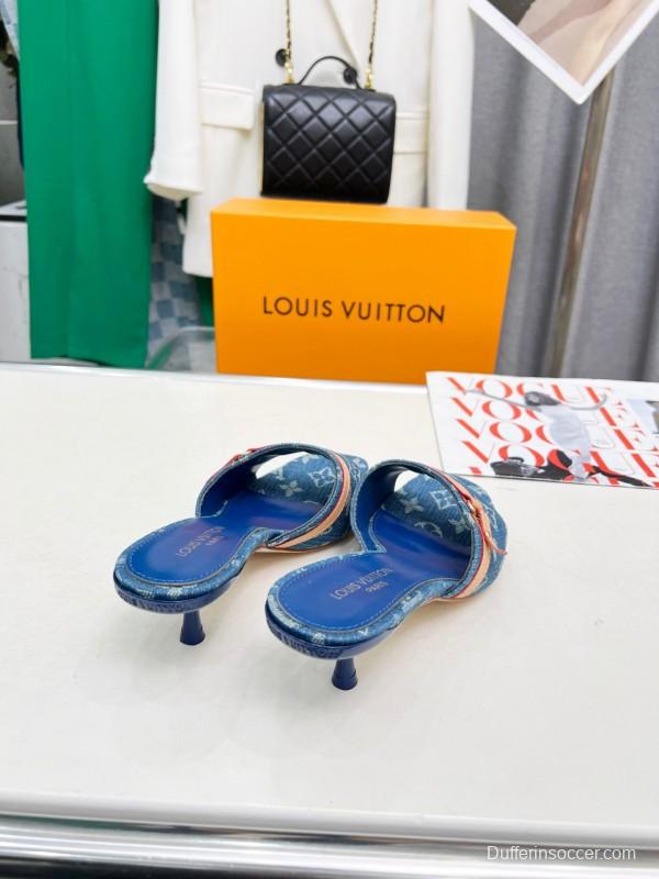 2025 Women Louis Vuitton Denim Blue Leather Heeled Sandals LY00260