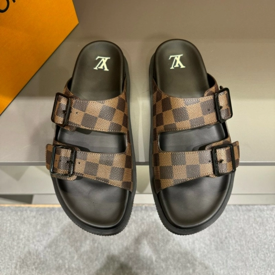 2024 Slippers Louis Vuitton Brown Black Leather Checkered Buckle MJ00210