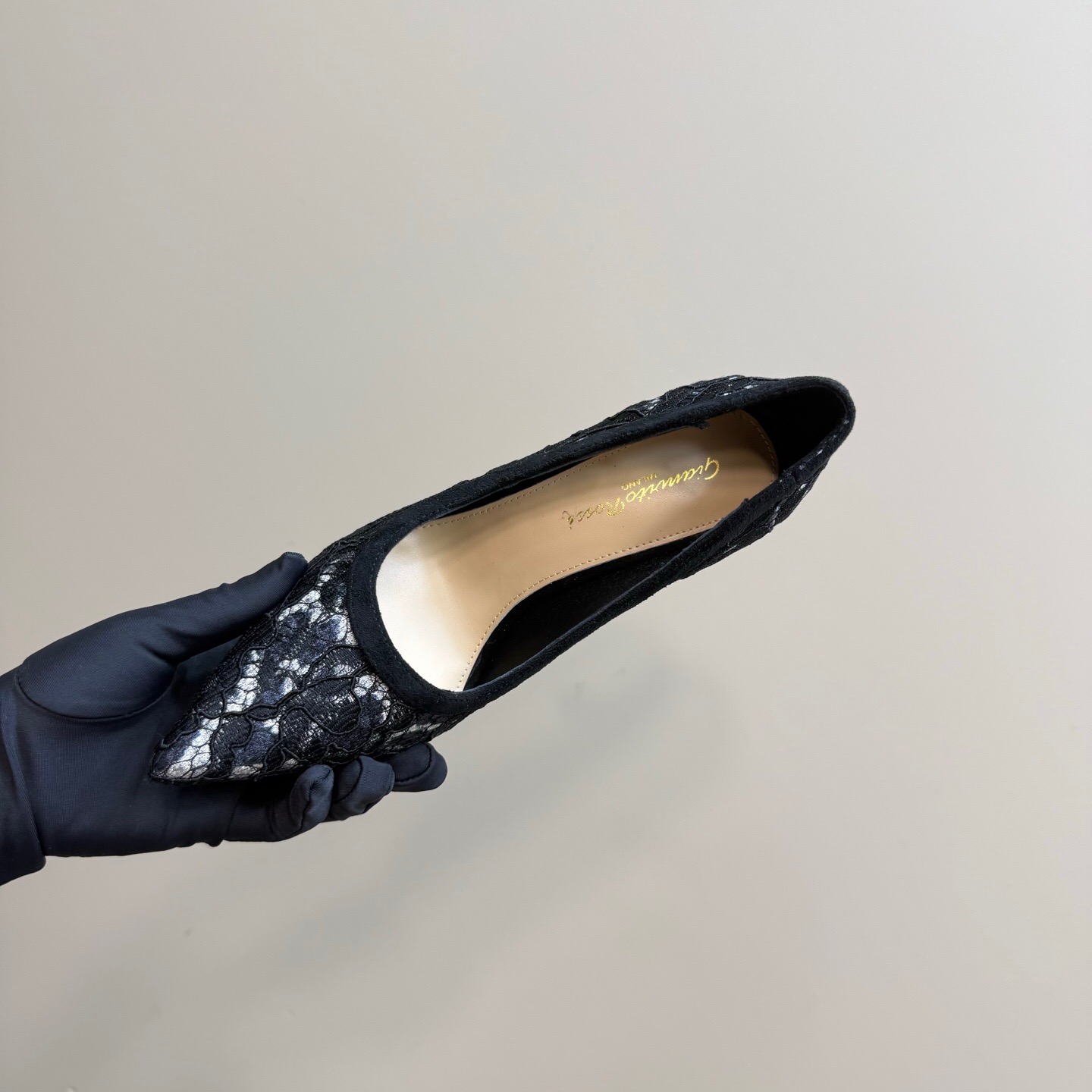 2025 Women Gianvito Rossi Black Lace Leather High Heel KFY00280