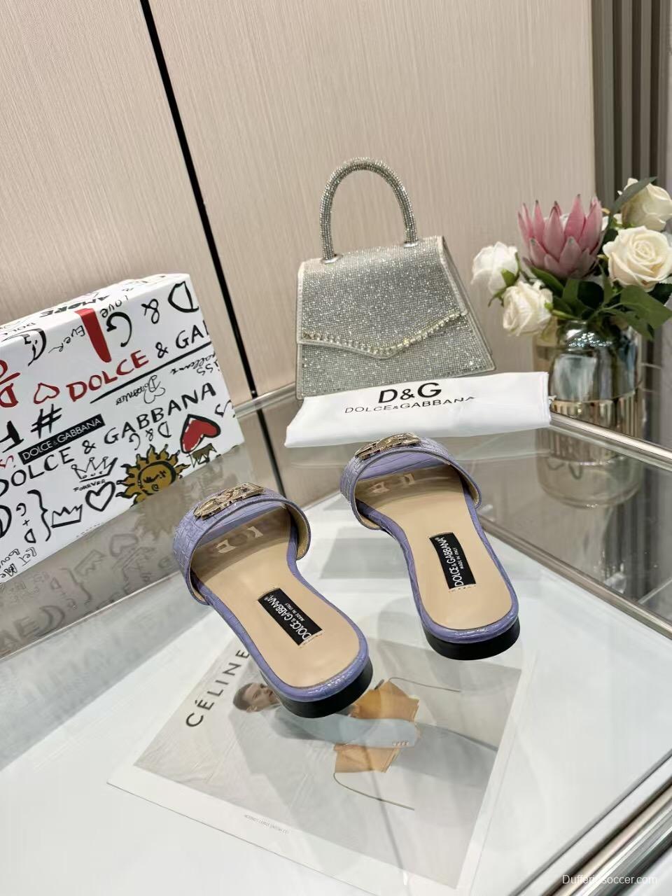 2025 Women Dolce & Gabbana Purple Leather Slippers LY00190