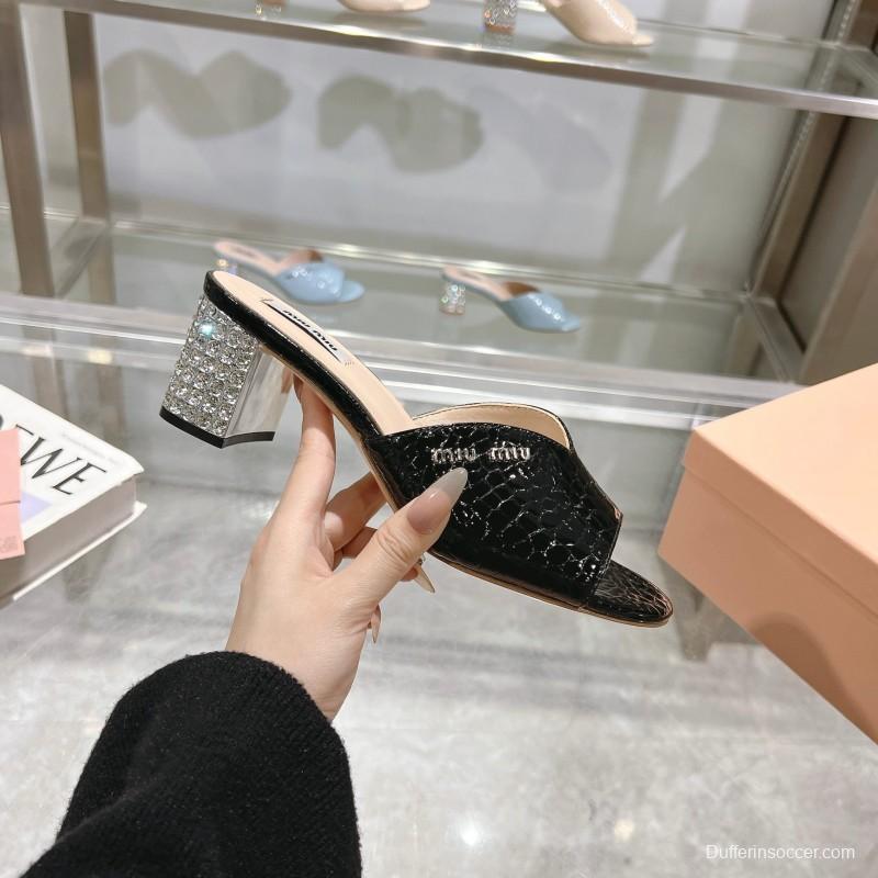 2025 Women Miu Miu Black Patent Leather Heeled Sandals