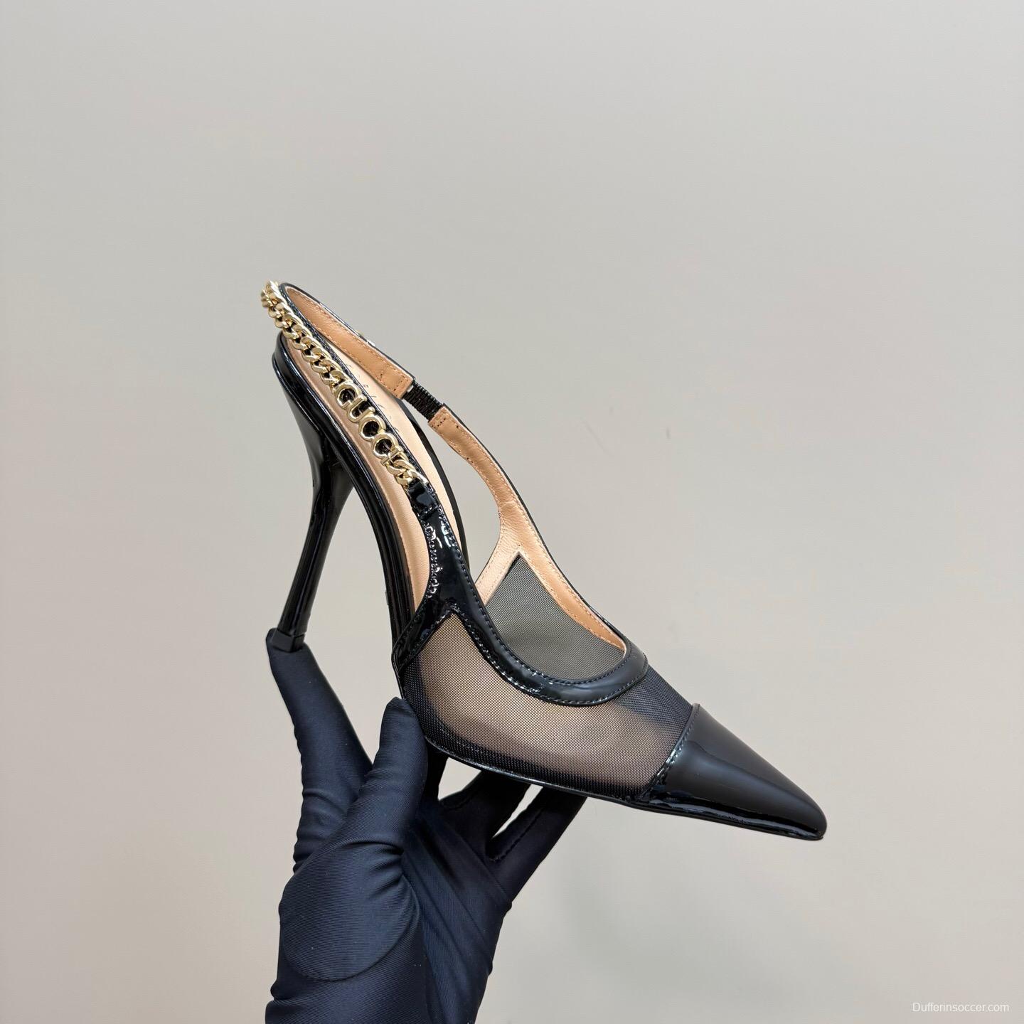 2025 Women Gucci Black Mesh Chain Strap High Heel Pumps KFY00300(F)