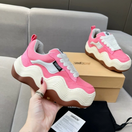 2025 Women HEYDAY Pink White Canvas Leather Wave Bread Sneakers KFY00260(F)