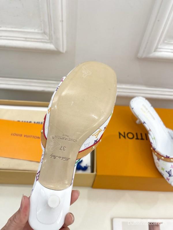 2025 Women Louis Vuitton White Rainbow Leather Slippers MJ00290