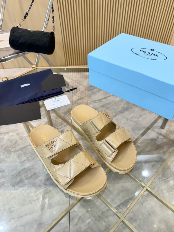 2025 Women Prada Beige Leather Sandals LY00270
