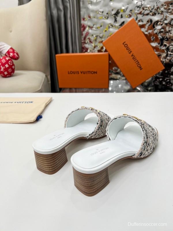 2025 Women Louis Vuitton White Brown Tweed Leather Sandals LY00220