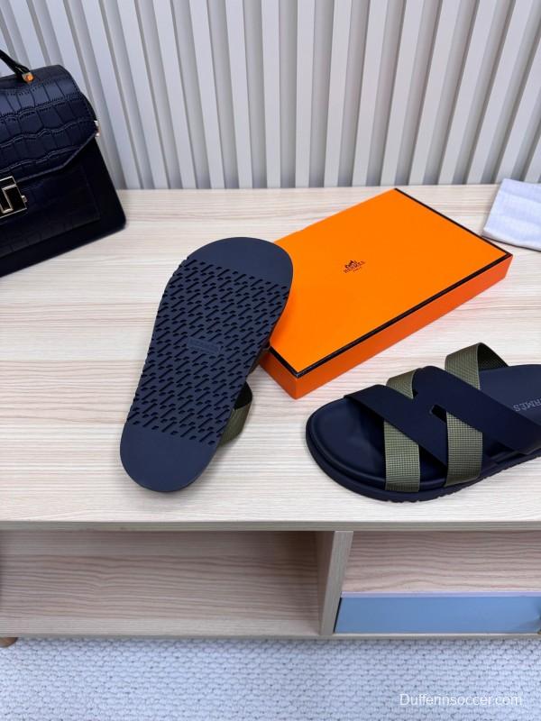 2025 Men Hermès Black Green Fabric Leather Slippers