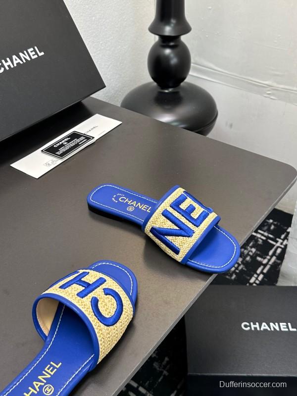 2025 Women CHANEL Blue Beige Canvas Slippers