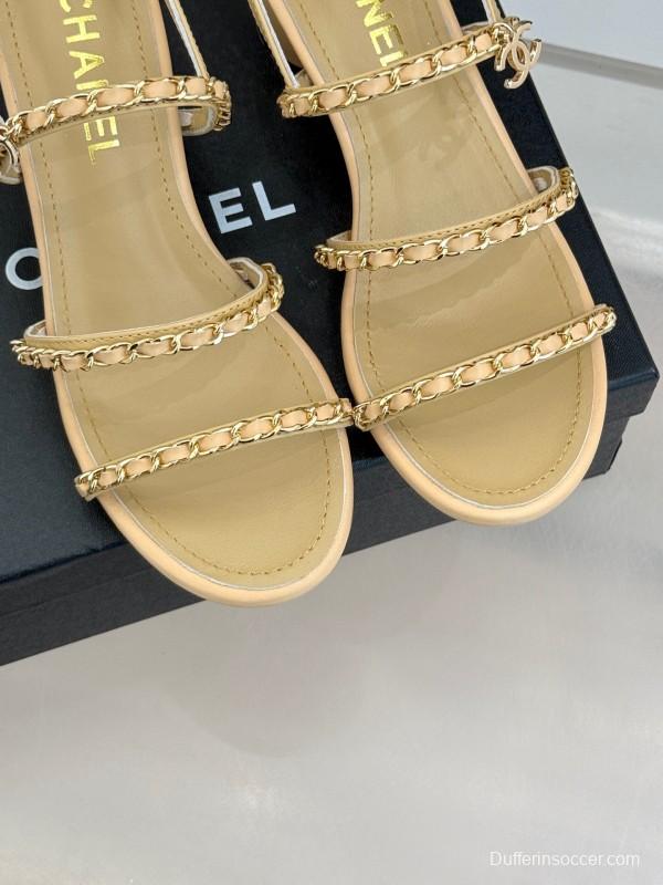 2025 Women Chanel Beige Lambskin Chain Strap Block Heel Sandals