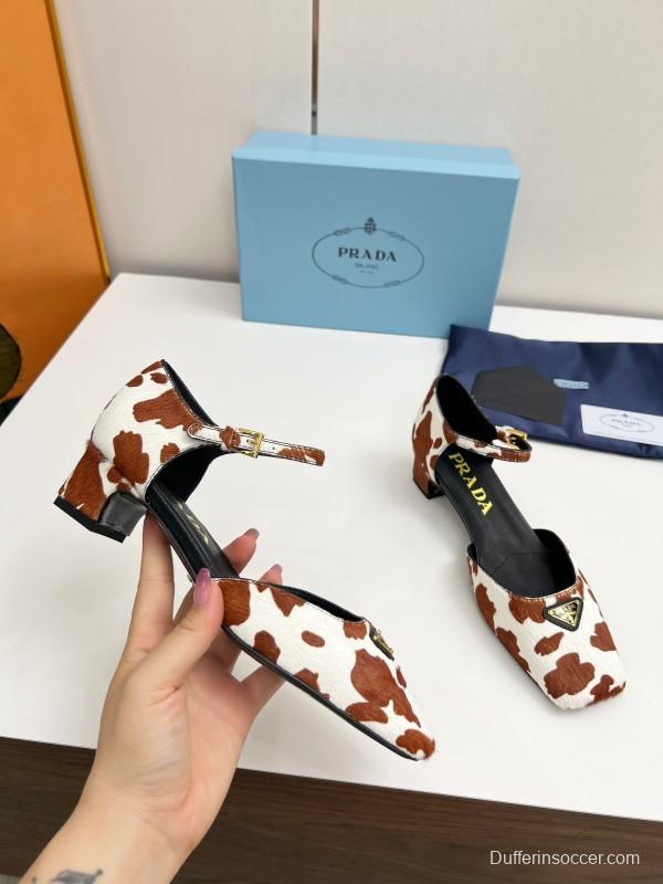 2025 Women Prada Brown White Calf Hair Strap Heels LY00270