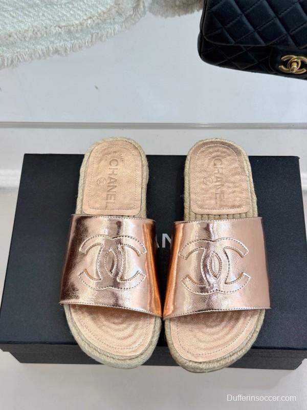 2025 Slippers Chanel Rose Gold Leather Women Espadrille Handmade KFY00230