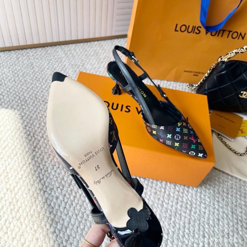 2025 Women Louis Vuitton Multicolor Canvas Leather Slingback Heels KFY00300