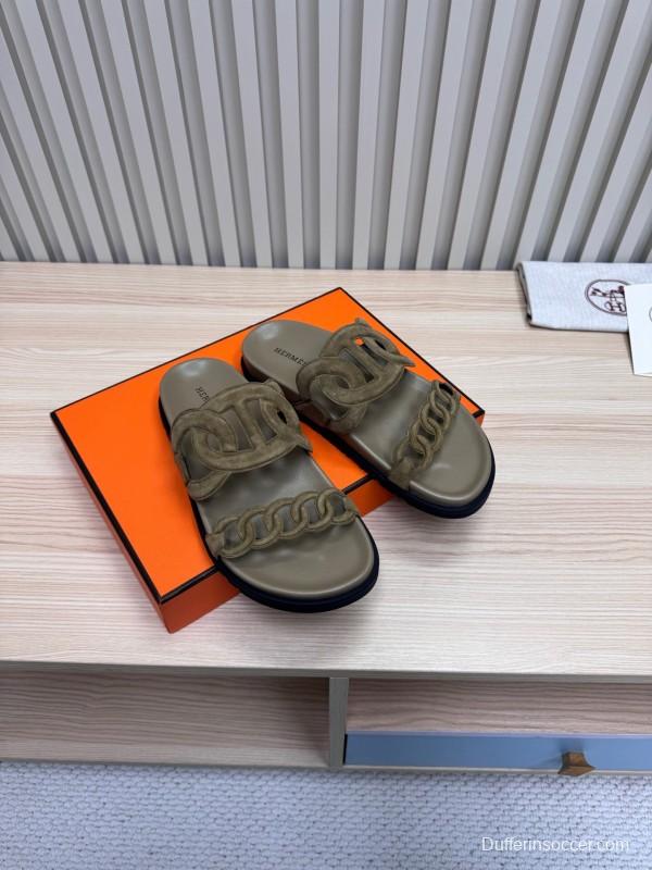 2025 Women Hermès Khaki Suede Slippers