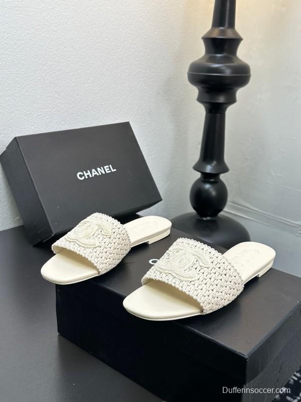 2025 CHANEL White Knit Leather Slippers LY00250