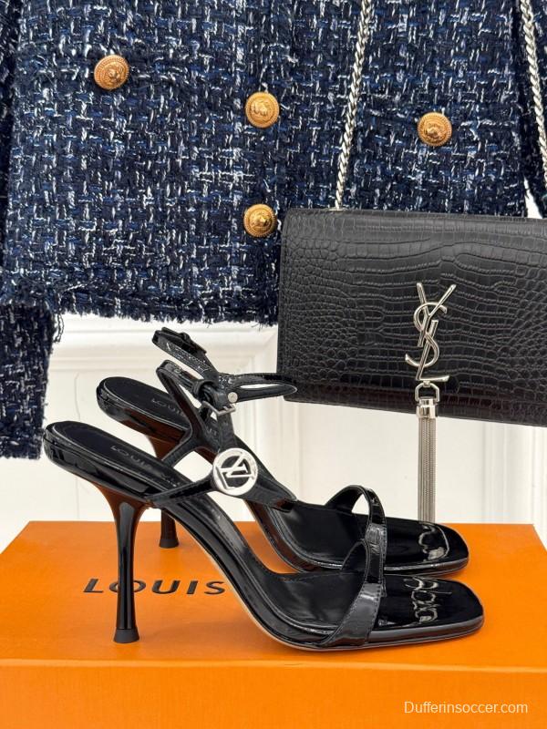 2025 Women Louis Vuitton Black Leather High Heel Sandals