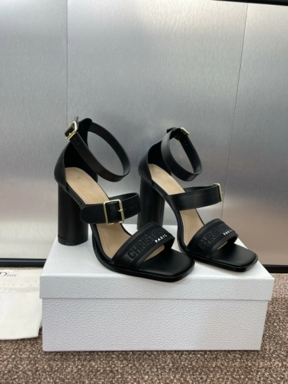 2025 Women Dior Black Leather High Heel Sandals KFY00310