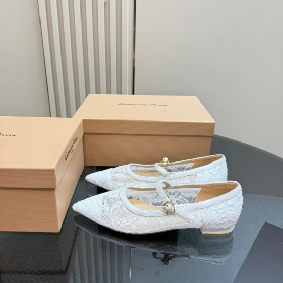 2025 Women Gianvito Rossi White Lace Leather Low Heel Ballerina KFY00260