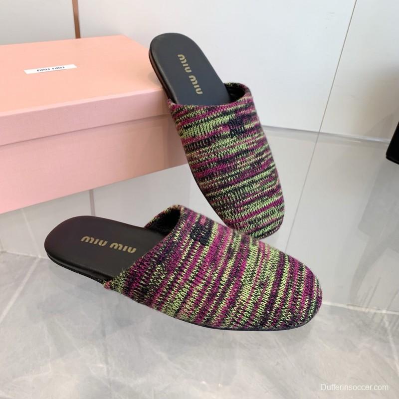 2025 Miumiu Purple Green Black Knitted Slippers
