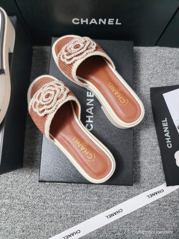 2025 Women Chanel Brown White Leather Slippers