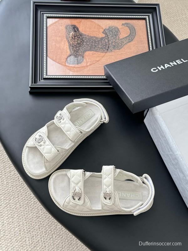2025 Women Chanel White Leather Sandals LY00320
