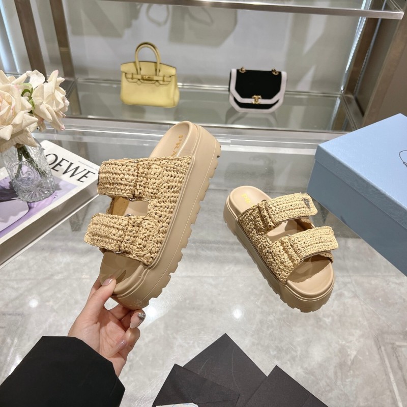 2025 Women Prada Beige Woven Leather Slippers LY
