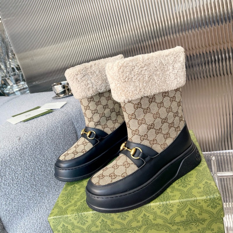 2024 Women Gucci Beige Brown Leather Snow Boots Horsebit MJ00420