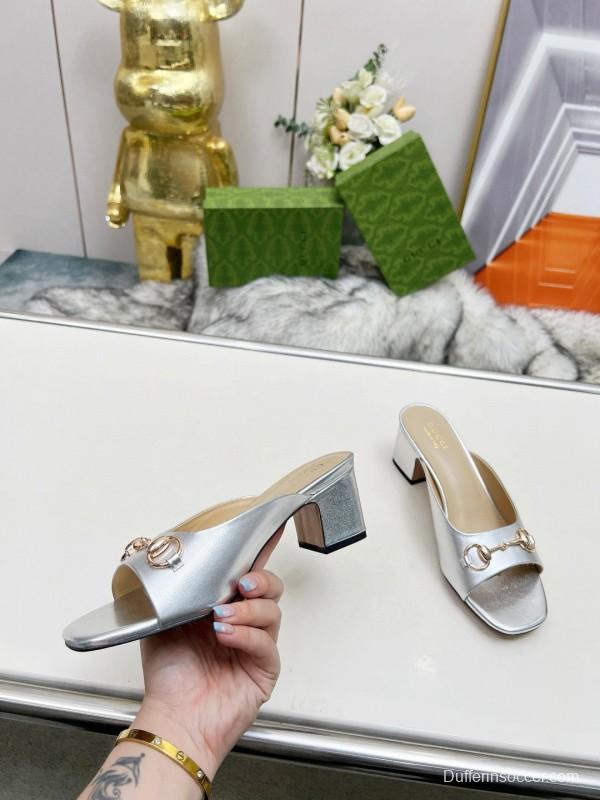 2025 Women Gucci Silver Leather Mules Horsebit MJ00180