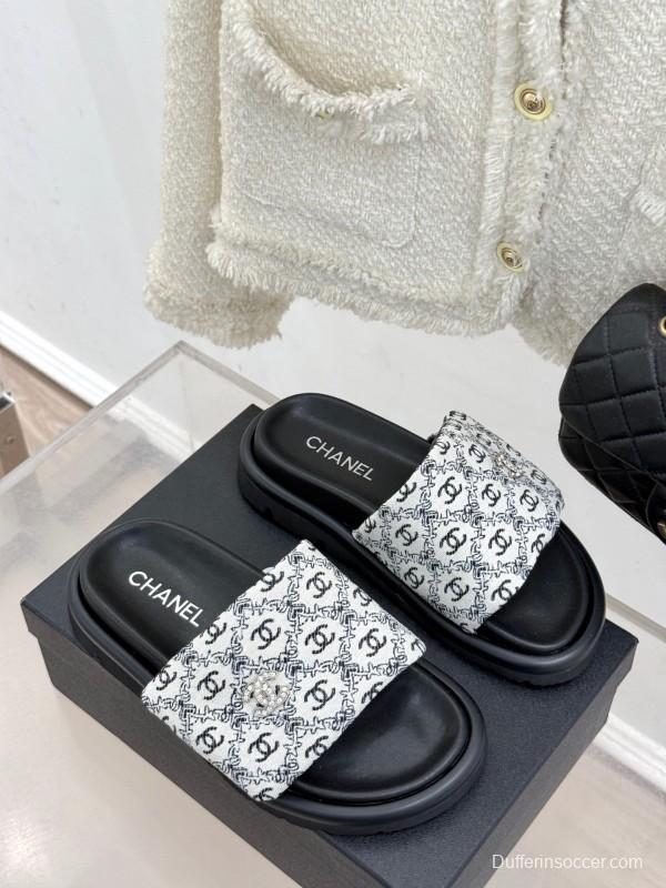 2025 Slippers Chanel Black White Nylon Slippers