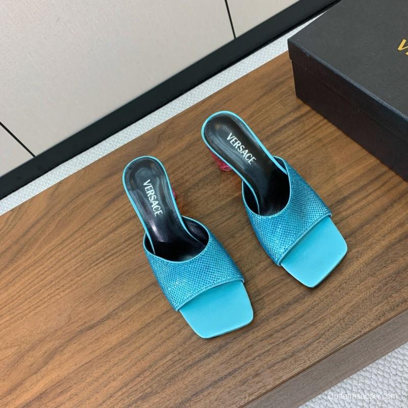 2025 Women VERSACE Blue Leather Slippers