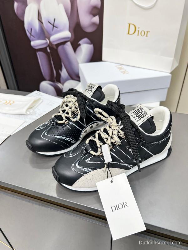 2025 Women Dior Black White Leather Sneakers Handwritten Logo KFY00290