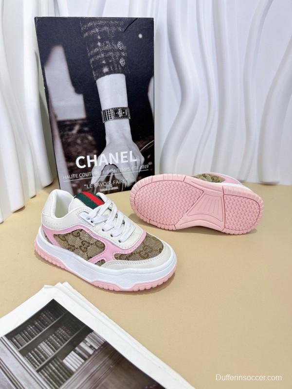 2024 Kids CHANEL Pink White Canvas Leather Sneakers
