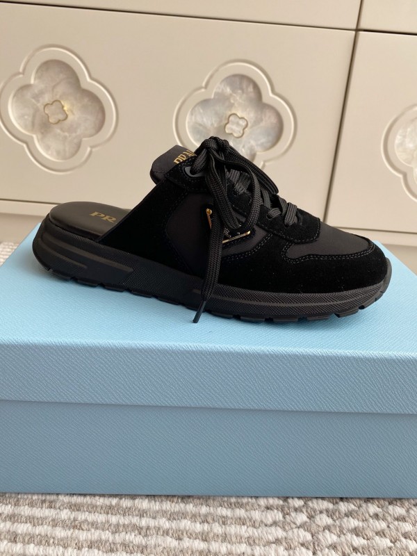 2025 Women Prada Black Nylon Leather Sneakers LY00290