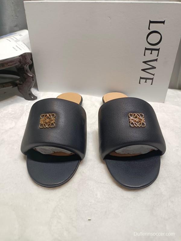 2025 Women Loewe Black Leather Slippers LY00000
