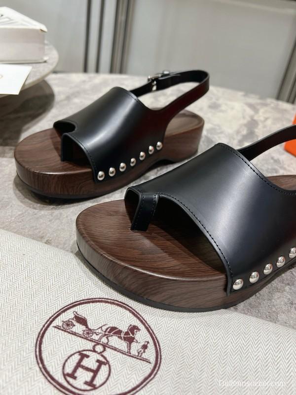 2025 Women Hermès Black Leather Sandals