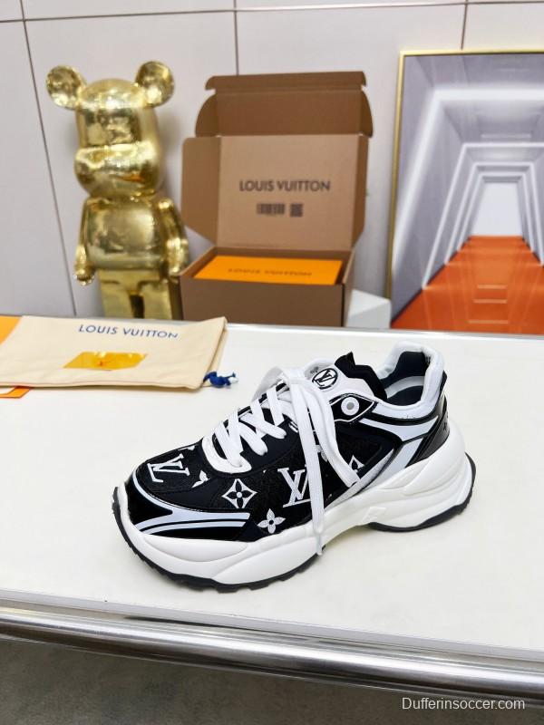 2025 Unisex Louis Vuitton Black White Fabric Leather Sneakers LY00340(F)/LY00341(M)