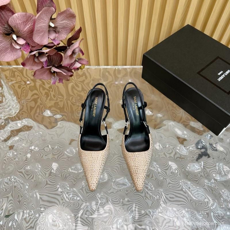 2024 Women Yves Saint Laurent Beige Rhinestone Silk Slingback Pumps MJ00320