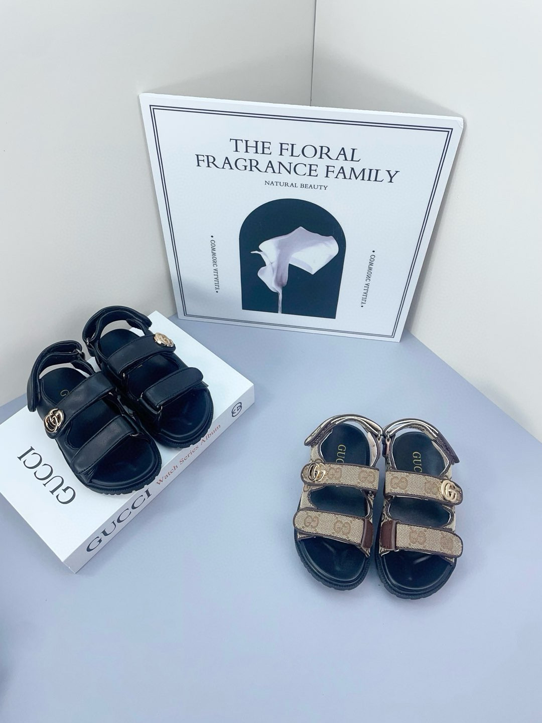 2025 Kids Gucci Black Brown Canvas Leather Sandals
