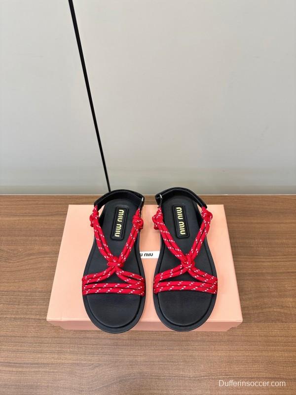 2025 Women Miu Miu Red Rope Leather Sandals LY