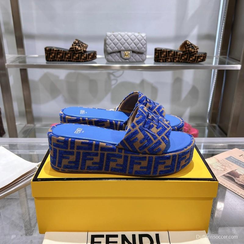 2025 Slippers Fendi Blue Brown Fabric FF Jacquard Platform
