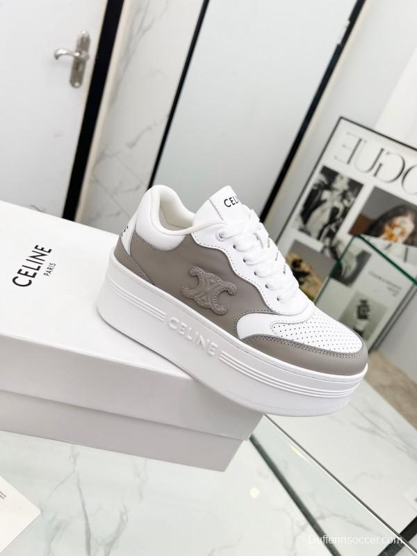 2025 Women Celine White Grey Leather Block Triomphe Sneakers LY00270