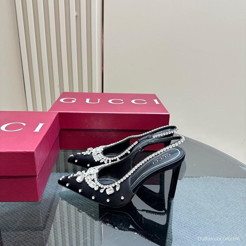2025 Women Gucci Black Satin Crystal Embellished Slingback Heels