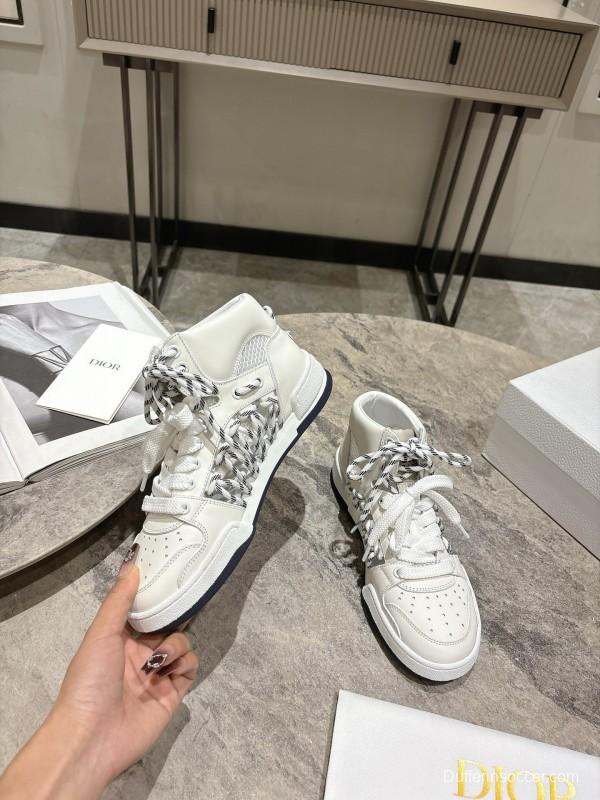 2025 Women Dior White Leather Mesh High-top Sneakers