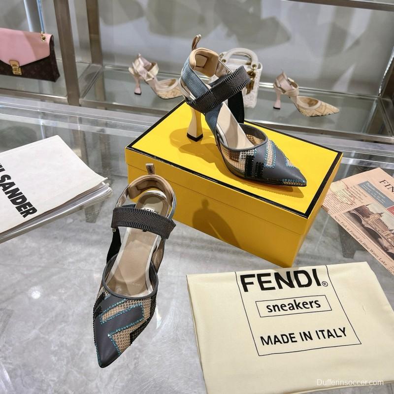 2025 Women Fendi Grey Blue Black Leather Mesh High Heels