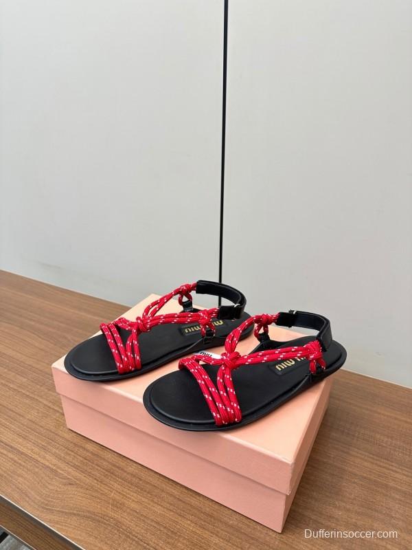 2025 Women Miu Miu Red Rope Leather Sandals LY