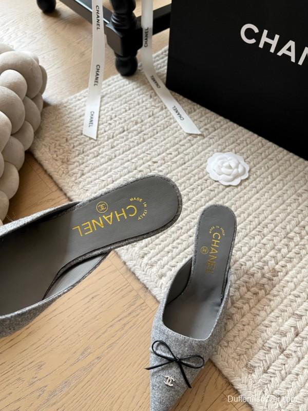 2025 Women Chanel Grey Fabric Pointed Toe Mules KFY00290